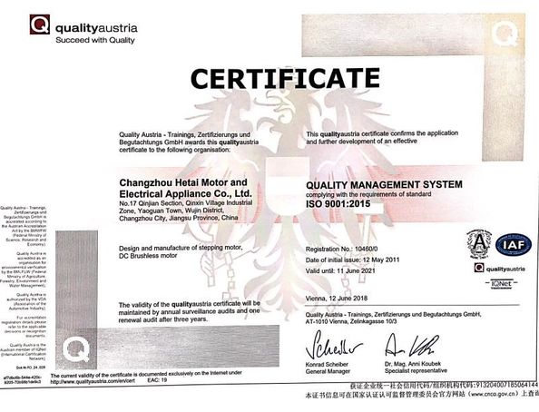 Chiny Changzhou Hetai Motor And Electric Appliance Co., Ltd. Certyfikaty